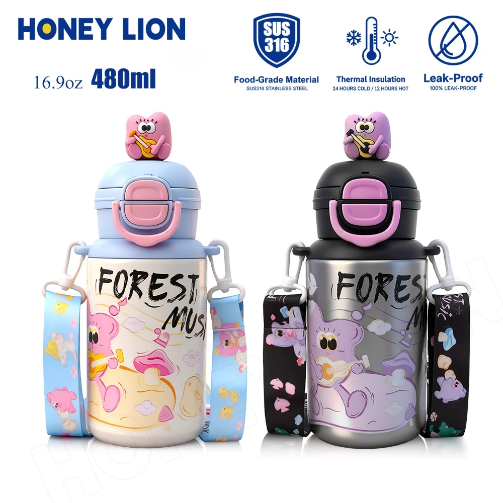 HoneyLion กระติกน้ำ การ์ตูน 480ml เก็บความเย็น 2 วิธีดื่ม กันรั่ว - มีสายคล้องปรับระดับได้ สแตนเลส 316 พกพาสะดวก