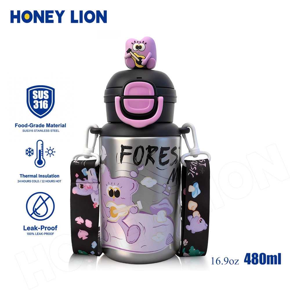 HoneyLion กระติกน้ำ กันรั่ว 480ml เก็บความเย็น 2 วิธีดื่ม - มีสายคล้องไหล่ สำหรับออกกำลังกาย เที่ยวกลางแจ้ง พกพาง่าย