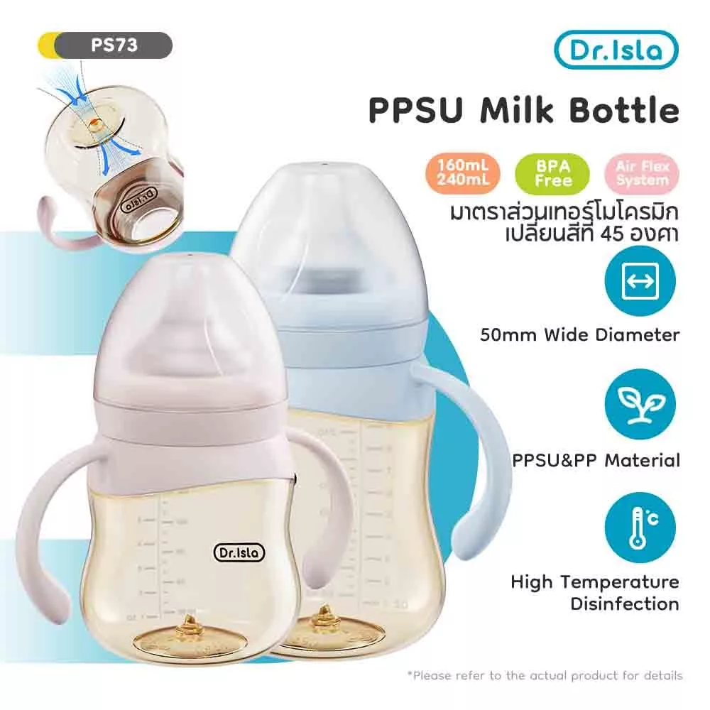 Dr.Isla ขวดนม PPSU 5oz/8oz/11oz ขวดนมเด็กแรกเกิด คอกว้าง สีชา สุญญากาศ ป้องกันการสําลัก เกรดอาหาร (8oz + ด้ามจับ) PS73