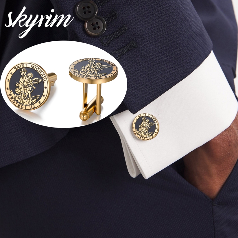 SKYRIM Archangel Saint Michael Cufflink สําหรับ Man สแตนเลส Vintage Mythology ชุด Cuff ปุ่มของขวัญ