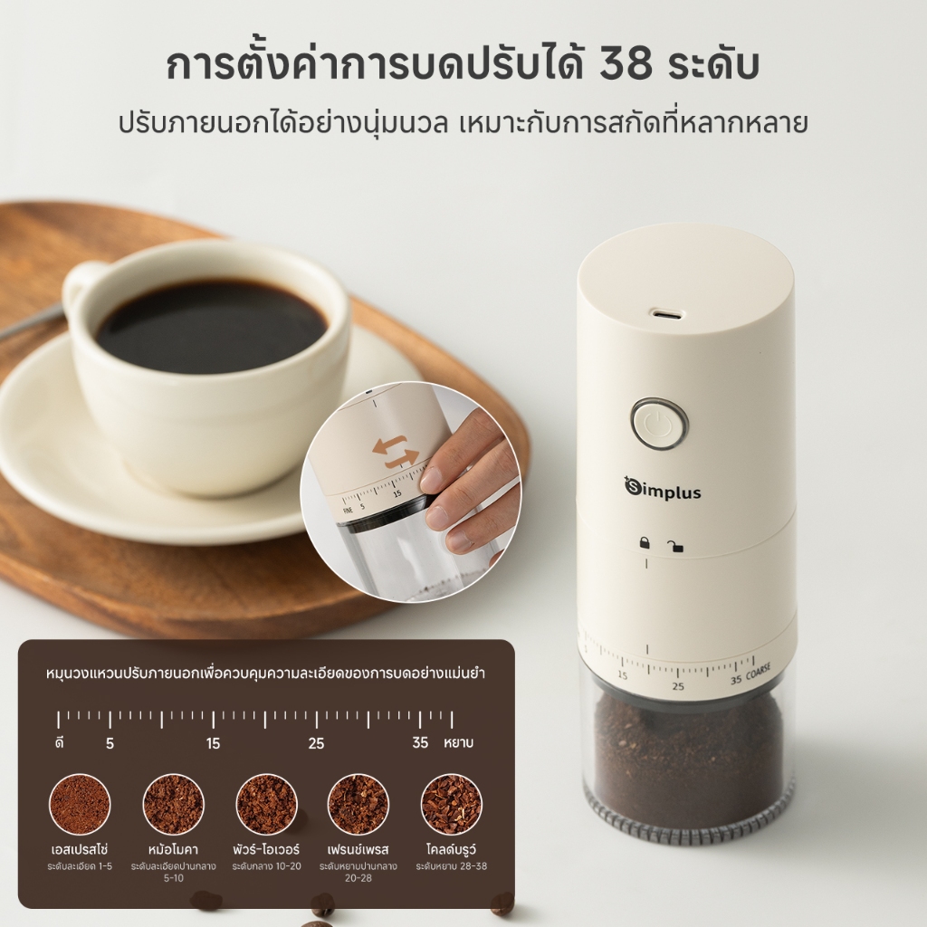 Simplus เครื่องบดกาแฟไฟฟ้าอัตโนมัติสำหรับใช้ในบ้าน เครื่องบดเมล็ดกาแฟอัจฉริยะ ปรับความละเอียดได้ 38 ระดับ ถอดทำความสะอาดได้ง่าย MDJH005 - รูปที่ 3