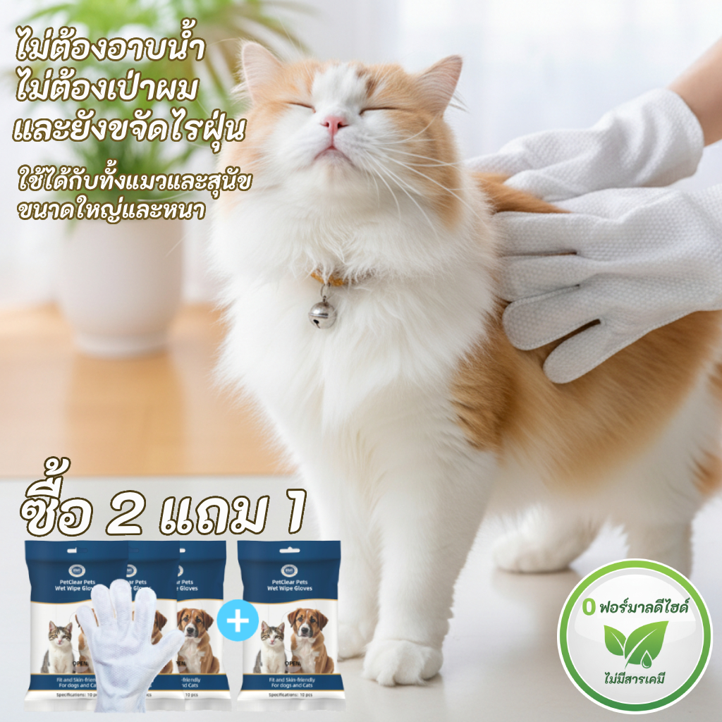 ซื้อ 2 แถม 1 PetClear ถุงมืออาบน้ำแห้ง (0 ฟอร์มาลดีไฮด์) ไร้สารเคมี ปลอดภัยต่อสัตว์เลี้ยง ขจัดไรฝุ่น
