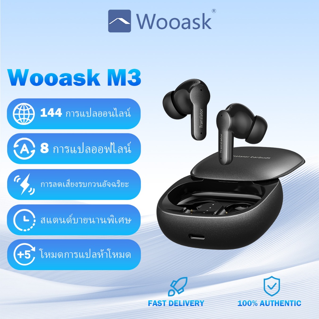 Wooask M3 หูฟังบลูทูธสำหรับแปลภาษา (ฟังเพลง, โทรออก, แปลภาษา) 3-in-1 หูฟังไร้สายพร้อมระบบแปลภาษาแบบเรียลไทม์