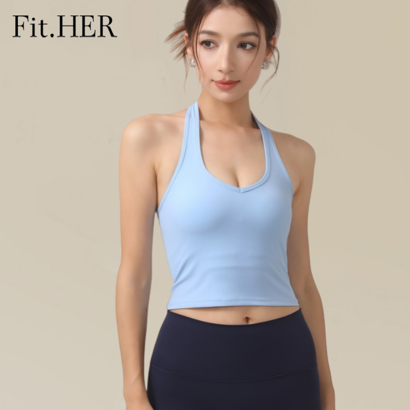 Fit.HER สปอร์ตบราคล้องคovah มีระบบรองรับและฟองน้ำภายใน เสื้อกั๊กโยคะแห้งไว ท่อนบนสำหรับวิ่งดูดซับแรงกระแทก