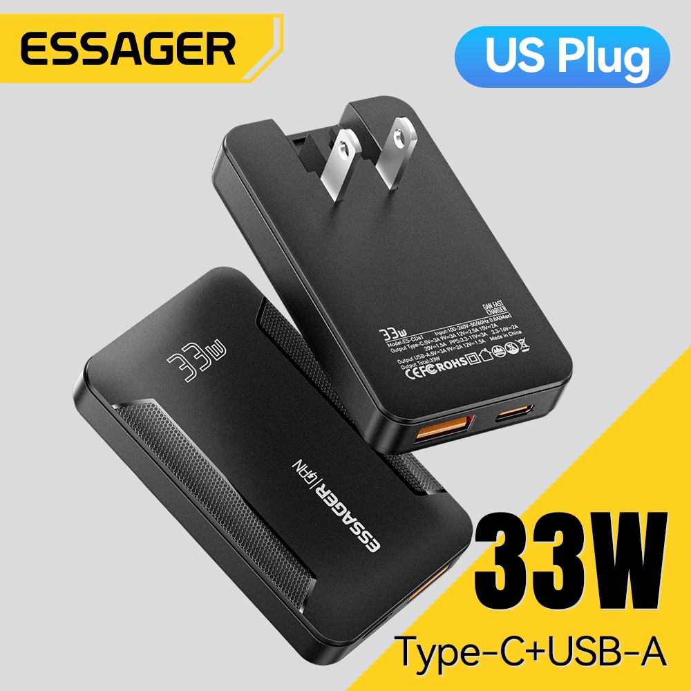 Essager 33W/65W GAN Fast Charge Type c + USB A Power Adapter เครื่องชาร์จบางเฉียบชิปจดจําอัจฉริยะ