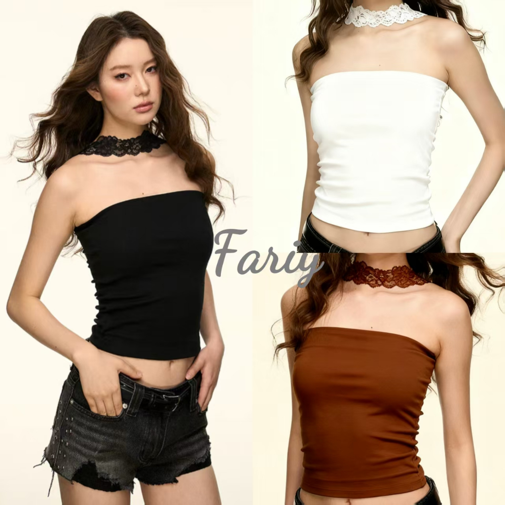 Fariy คลังสินค้าพร้อม  เสื้อกล้ามสายเดี่ยวสีดำคอฮอลเตอร์ลูกไม้เซ็กซี่สำหรับผู้หญิง ใส่ในช่วงฤดูร้อน ทรงเข้ารูป สไตล์สั้น ไซส์เล็ก – โปรปัง