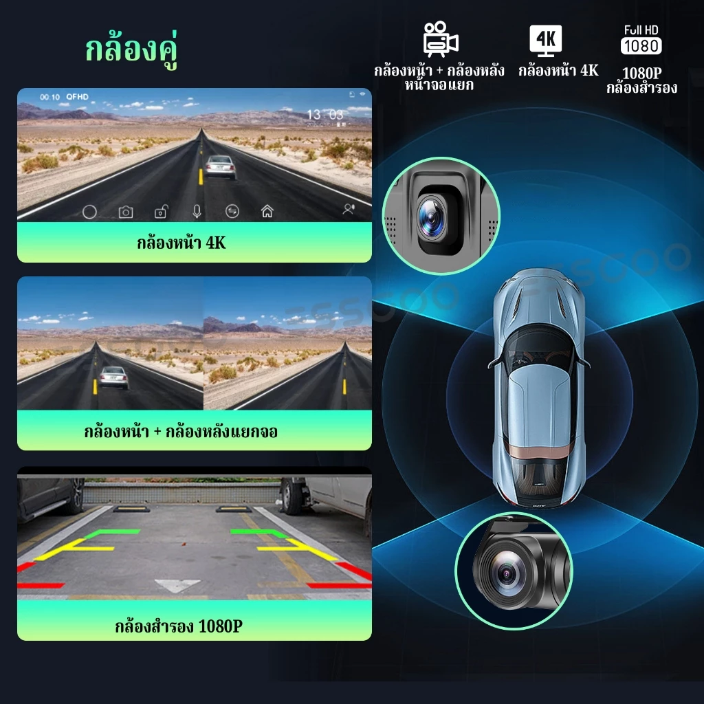 ~จังหวัดสมุทรสาคร ส่ง~4K + 1080P 10 นิ้วหน้าจอสัมผัสเลนส์คู่รถ DVR Dash Cam WIFI บลูทู ธ เสียงควบคุมฟังก์ชั่น carplay รถกล้องไดรฟ์บันทึกมุมกว้างที่จอดรถจอภาพ thumbnail 5