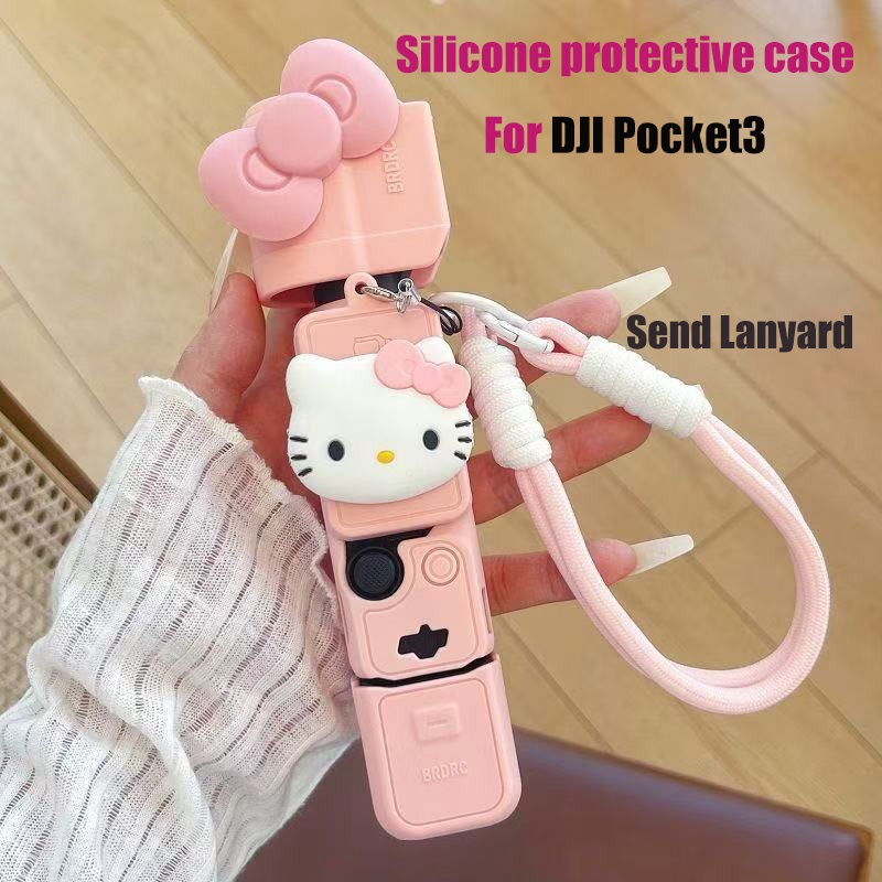 Hello Kitty เคสซิลิโคนสําหรับ DJI Osmo Pocket 3 พร้อมเชือกเส้นเล็กกล้องกิมบอลมือถือ Hello Kitty Anti Fall Anti-Collision วัด