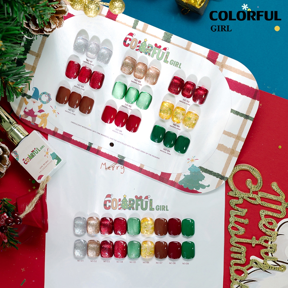 【พร้อมส่ง】🎄Colorful Girl เซ็ตเจลคริสต์มาส 9 สี✨ สีเจลกากเพชรวิ้งแน่น เจลแฟลช เจลแคทอาย เจลกลิตเตอร์ เนื้อซาติน สีสวยหรูหรา เหมาะสำหรับเทศกาลคริสต์มาส 💅 แถมฟรีชาร์ตสี