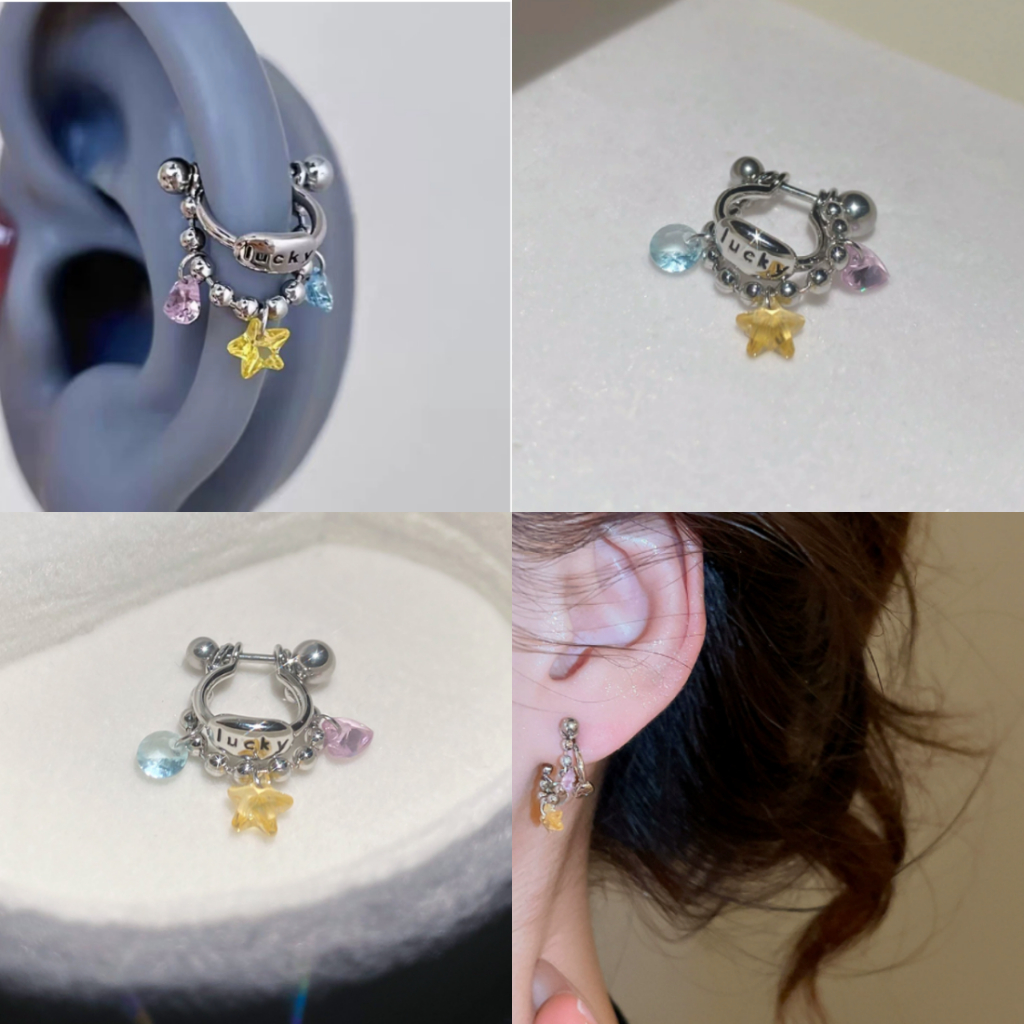Dreejew Lucky Star Dangle Ear Cuff คริสตัลหูคลิป สำหรับผู้หญิง สไตล์แฟชั่นและน่ารัก