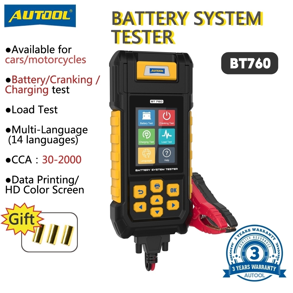 AUTOOL BT760 12/24V CCA 30-2000 เครื่องทดสอบแบตเตอรี่รถยนต์พร้อมเครื่องพิมพ์รองรับหน้าจอสีภาษาไทย สำหรับรถบรรทุก รถยนต์ และรถจักรยานยนต์
