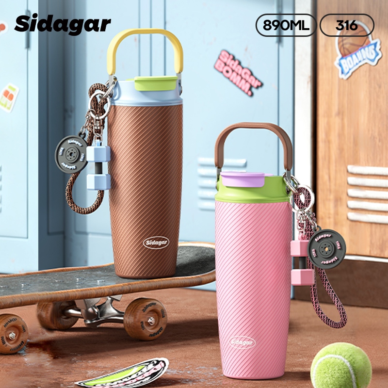 Sidagar กระติกน้ำเก็บความร้อน 890 มล. กระบอกน้ำเก็บอุณหภูมิ สแตนเลสเกรด 316 พร้อมหลอด มีหูหิ้ว L ความจุมาก เก็บอุณหภูมิ ได้ยาวนาน