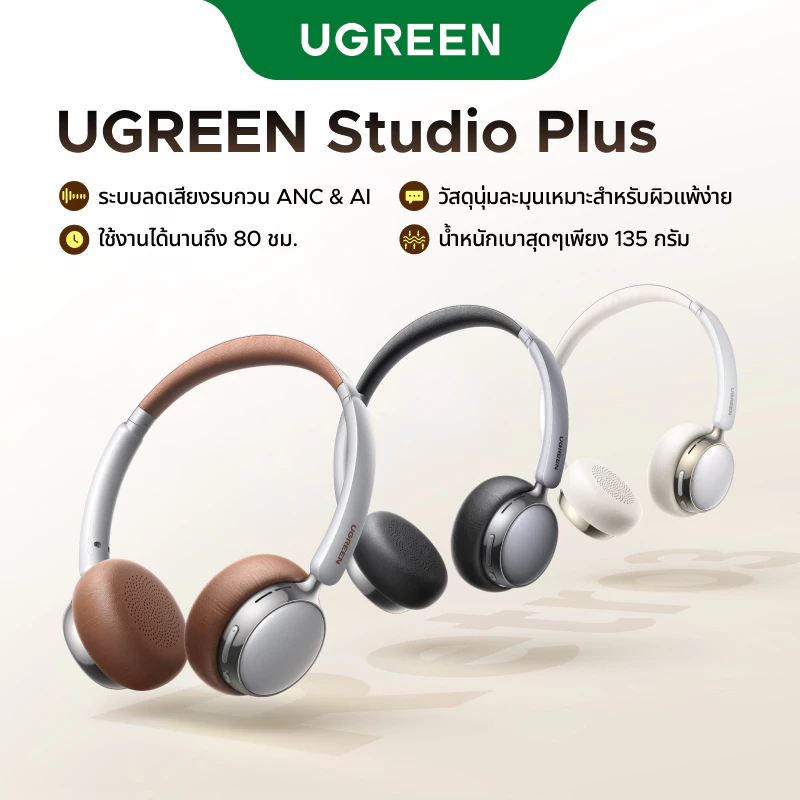 UGREEN ใหม่ Studio Plus หูฟังบลูทูธแฟชั่น ระบบตัดเสียงรบกวน ANC หนังโปรตีน สวมใส่สบายมาก บลูทูธ 6.0