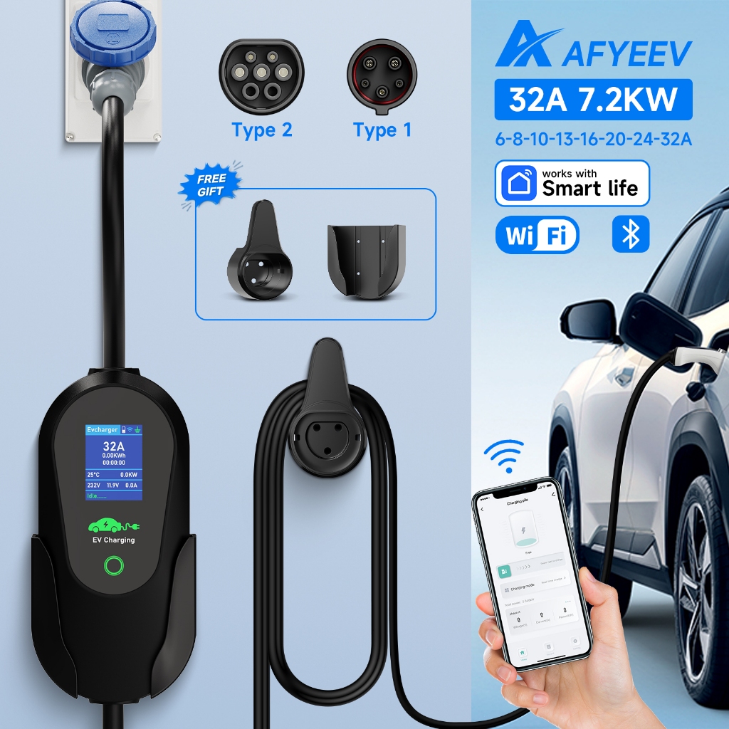AFYEEV 7.2KW 32A แบบพกพา Type2 IEC62196-2 ไฟฟ้ารถ Charger Type1 SAE J1772 EV Charger 3.5 M GBT EVSE 
