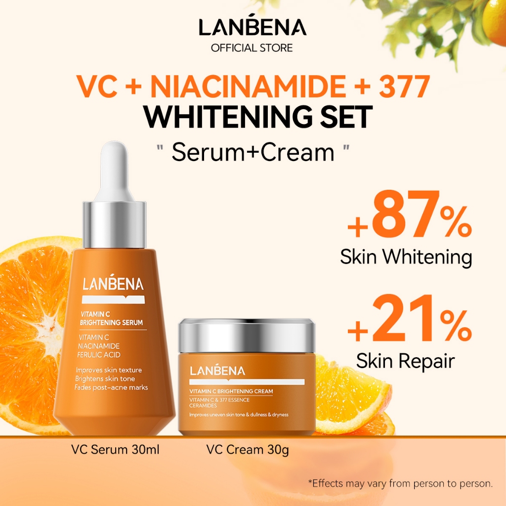 LANBENA Vitamin C Brightening Serum 30ml + Face Cream 30g เซรั่ม+ครีม 377 ไนอาซินามิด ลดรอยดำ รอยสิว ฝ้ากระ หน้ากระจ่างใส สกินแคร์บำรุงผิว