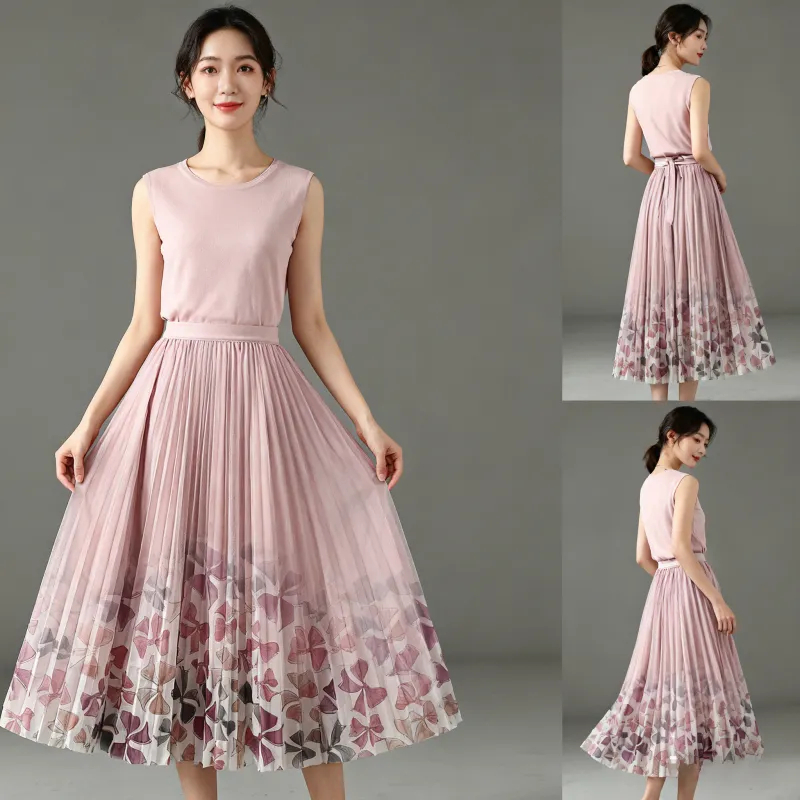 แฟชั่น Tulle ลูกไม้ดอกไม้พิมพ์กระโปรงยืดหยุ่นเอวสูงสีชมพูกระโปรงยาวตาข่ายผู้หญิง Tutu Maxi กระโปรงจีบ