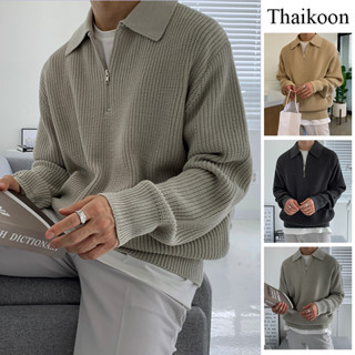 เสื้อท็อปแขนยาวถักฤดูใบไม้ร่วงฤดูหนาวของผู้ชาย-ดีไซน์คอปกครึ…