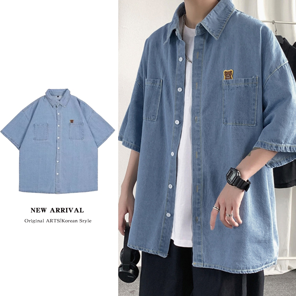 CoolChgเสื้อเชิ้ตยีนส์ชาย แขนสั้น สไตล์เกาหลี แต่งกระเป๋าหน้าอกทั้ง2ข้าง Man ผู้ชาย Clothing เท่ห์ๆ M-2XL