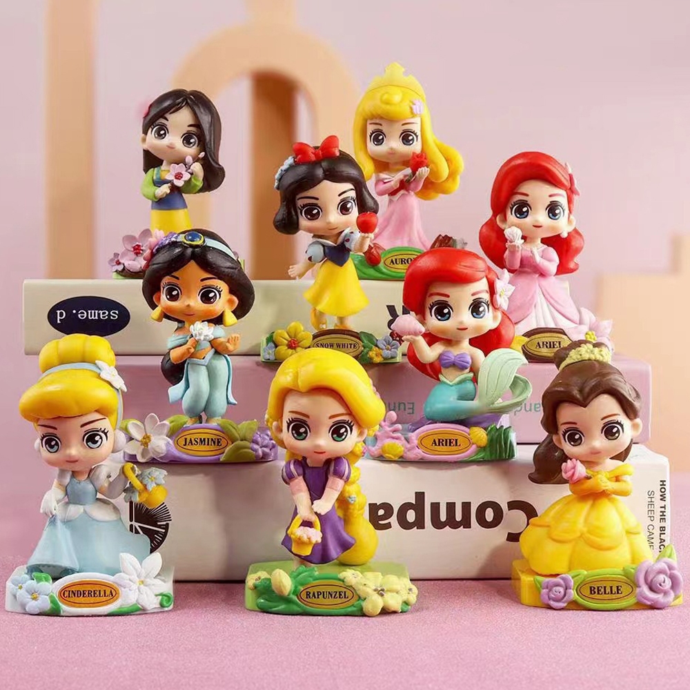 9 ชิ้น/เซ็ต 10 ซม.อะนิเมะหิมะสีขาว Mermaid Ariel Mulan Jasmine Rapunzel Cinderella Princess Garden Dream เค้ก Series รุ่น Q PVC ตัวเลขการกระทําตุ๊กตาของเล่น