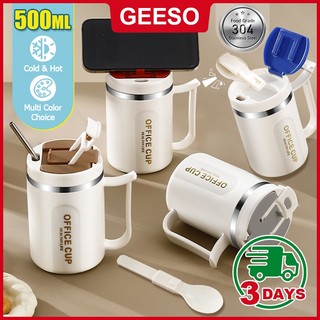GEESO 304 Stainless Steel Coffee Mug with Lid & Straw Office Coffee Cup Insulation 多功能马克杯