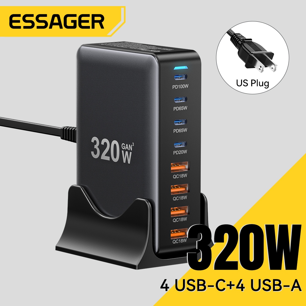 ESSAGER 320W GaN Charger 4A+4C พอร์ตอะแดปเตอร์ Fast Charging รองรับ PPS PD3.1 QC4.0 FCP SCP BC1.2 DCP Ap2.4A Samsung AFC ปรับให้เข้ากับแล็ปท็อป แท็บเล็ต โทรศัพท์มือถือ ชุดหูฟัง