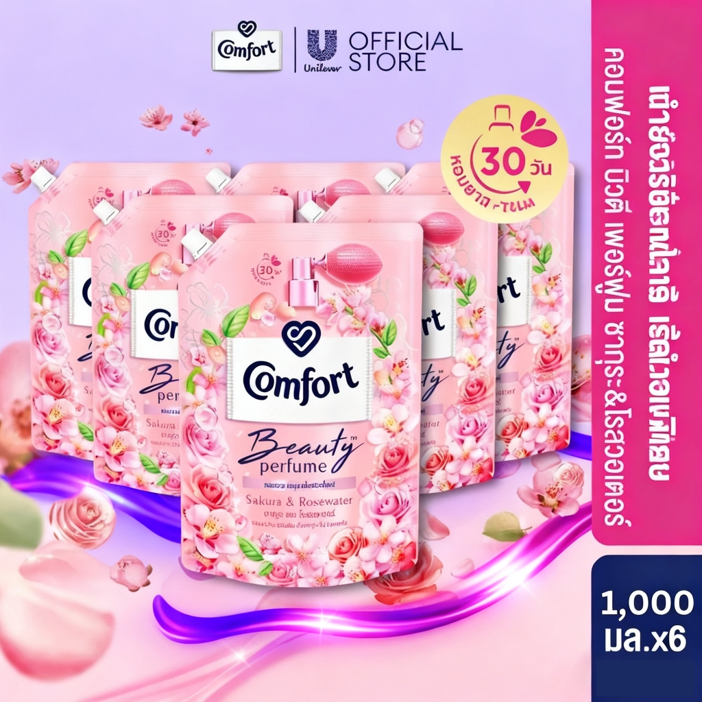 Comfort เสื้อผ้าป้องกันไฟฟ้าสถิตย์ผ้านุ่มกลิ่นหอมยาวนานความจุขนาดใหญ่ดอกซากุระโรสน้ำดูแลน้ำยาปรับผ้านุ่ม 1000ml x3 & x6
