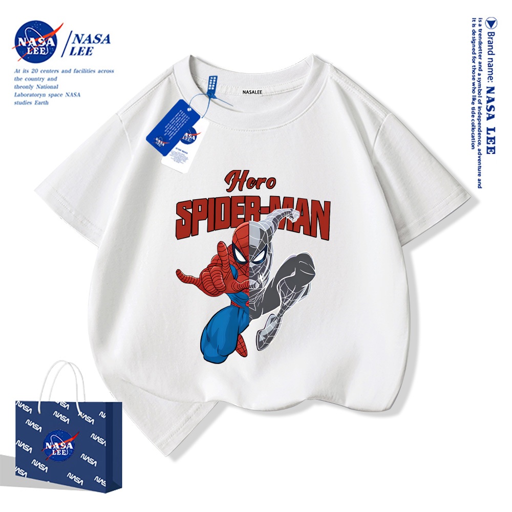 NASA เสื้อยืดแขนสั้นเด็กลายการ์ตูนน่ารัก เสื้อยืดคอกลม ผ้าคอตตอน เสื้อยืดแขนสั้นเด็กลายสไปเดอร์แมน
