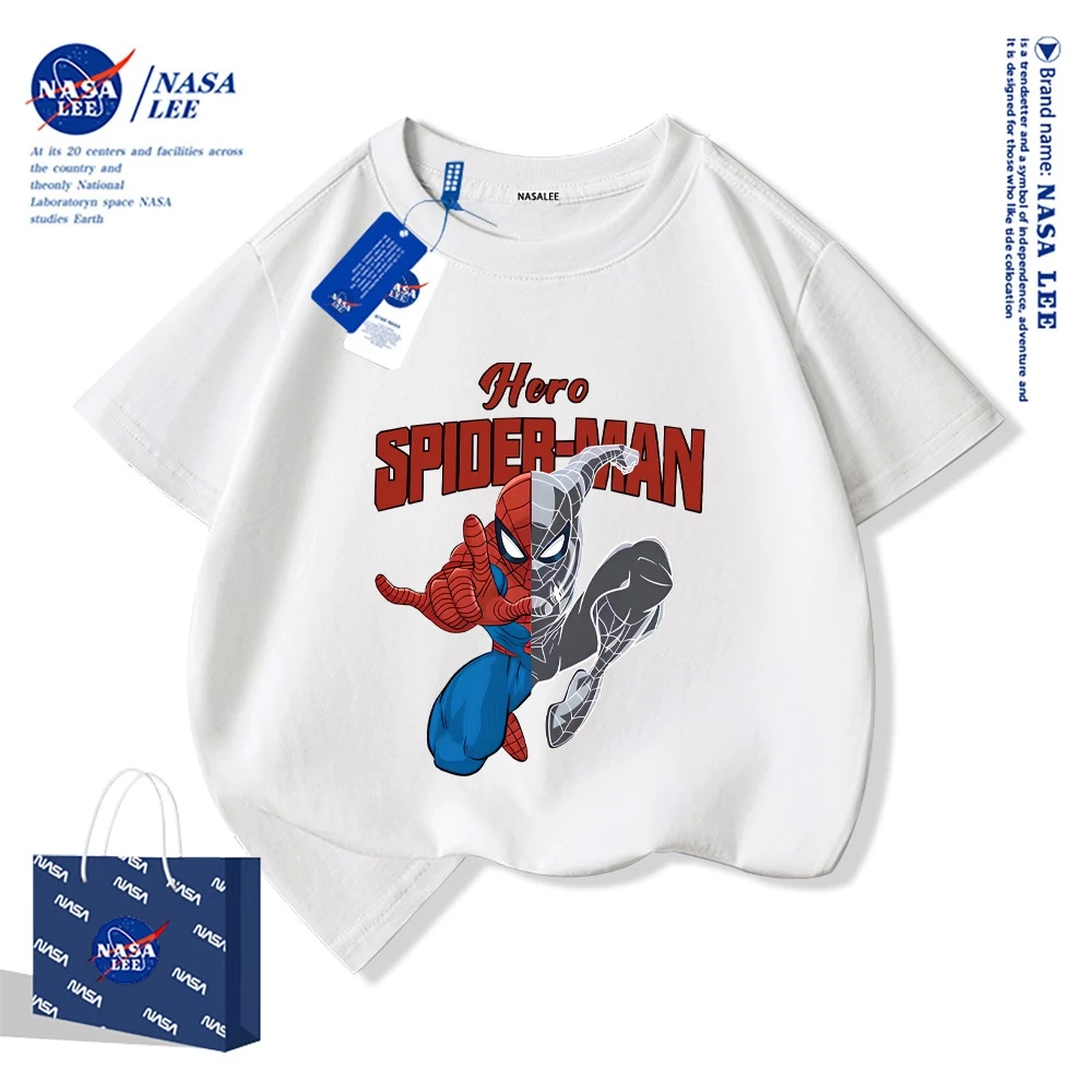 NASA เสื้อยืดแขนสั้นเด็กลายการ์ตูนน่ารัก เสื้อยืดคอกลม ผ้าคอตตอน เสื้อยืดแขนสั้นเด็กลายสไปเดอร์แมน