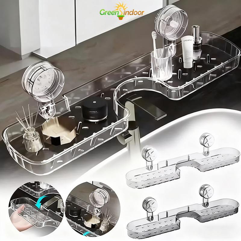 ชั้นวางของพลาสติก PET แบบดูดเกลือกสำหรับอ่างล้างหน้า ไม่ต้องเจาะ ติดตั้งบนก๊อกน้ำและเก็บของในห้องน้ำ