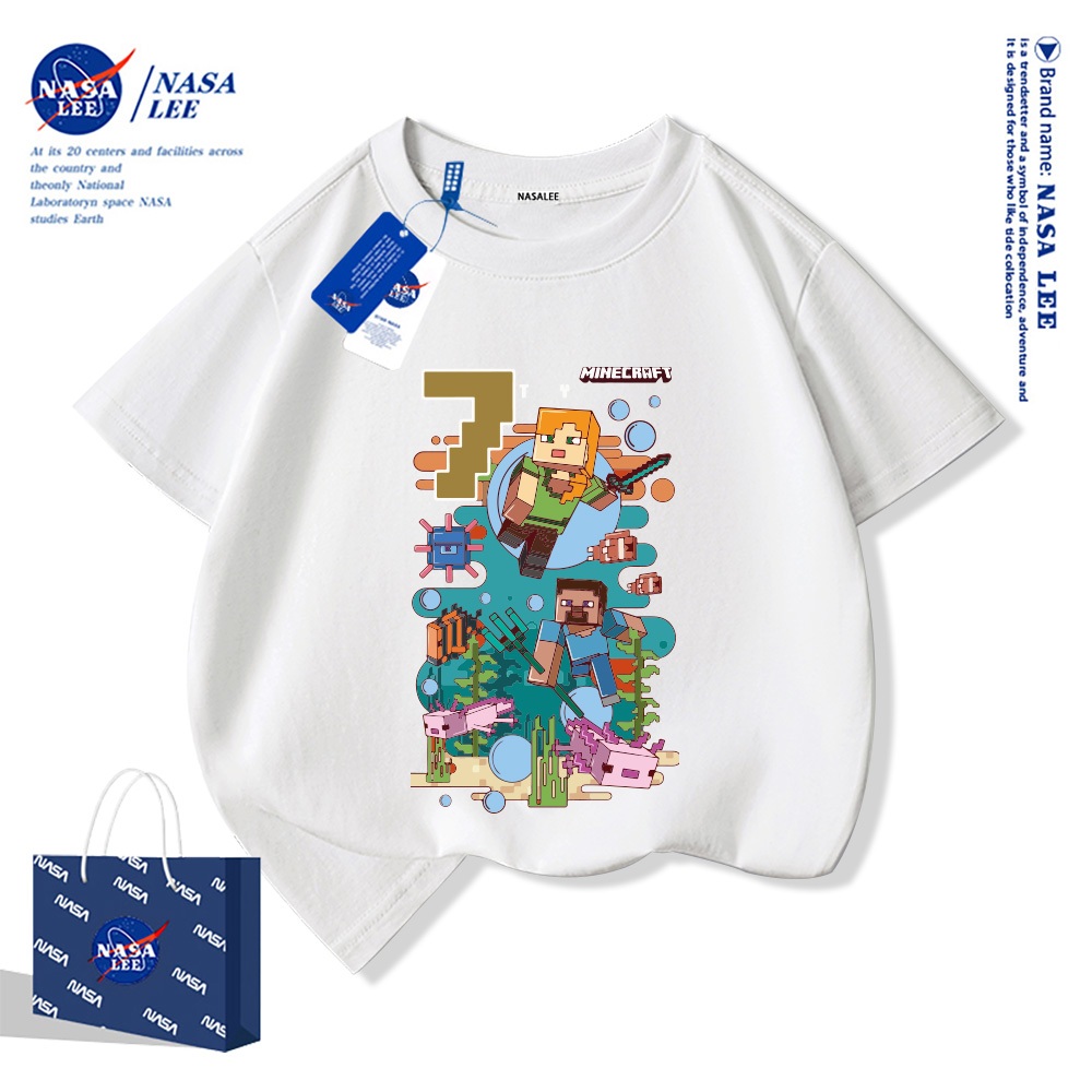 NASA เสื้อยืดเด็กแขนสั้น ผ้าฝ้ายแท้ 100% ลายพิมพ์เกมมายคราฟ สบายและนุ่ม สไตล์เกาหลี คุณภาพดี