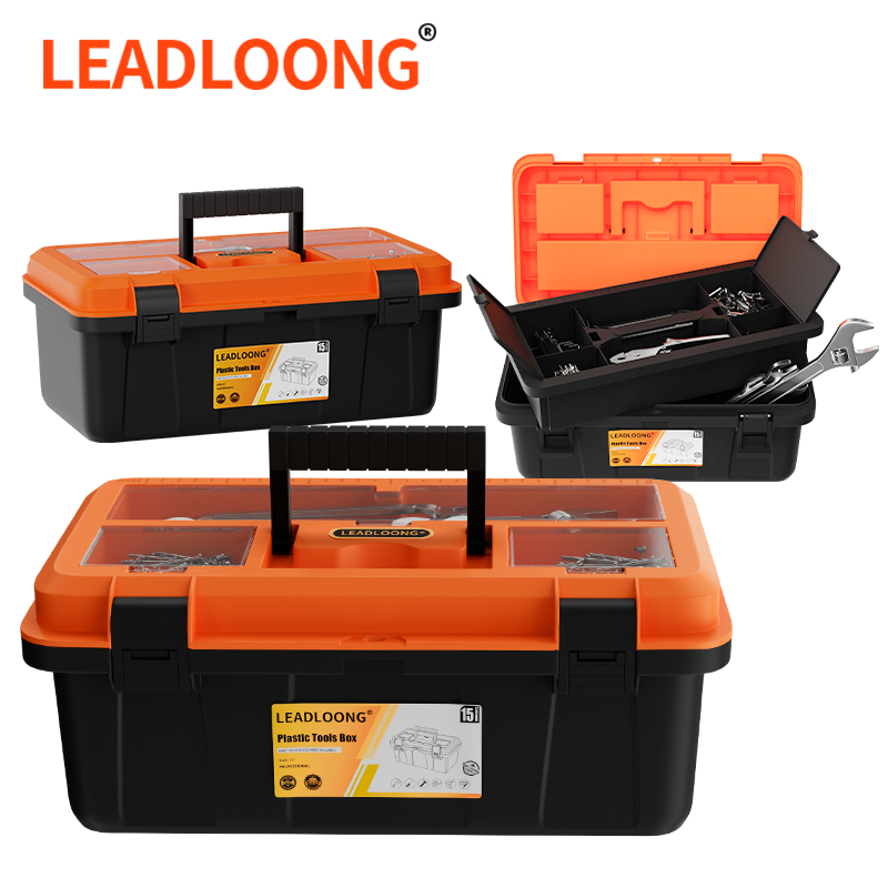 LEADLOONG กล่องเครื่องมือพลาสติกทนทาน - 15/17/20 นิ้ว สองชั้น ที่เก็บของแบบพกพาสําหรับช่างไฟฟ้าและโครงการ DIY