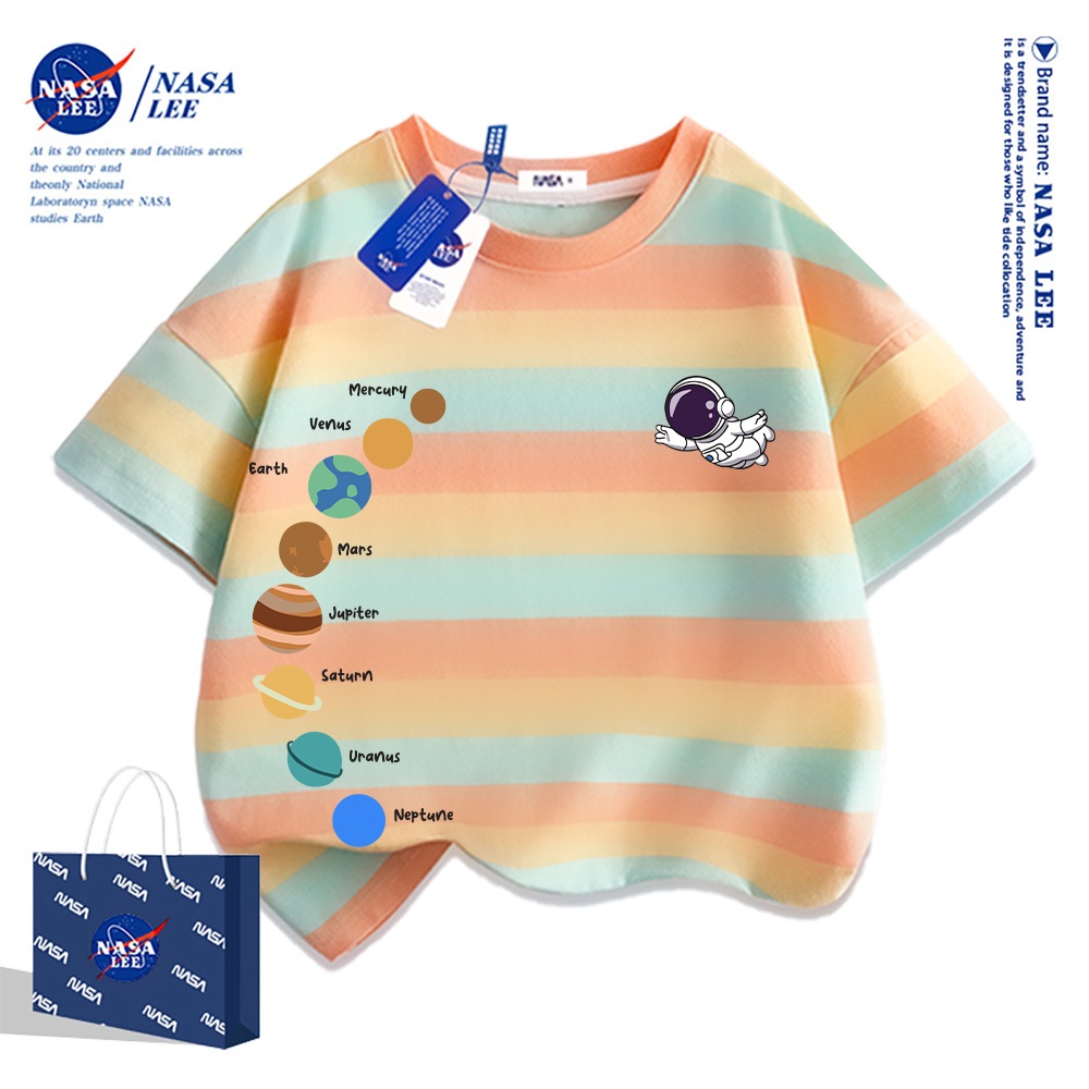 【จัดส่งวันเดียวกัน】เสื้อยืดเด็ก NASA ลายดาวเคราะห์สตรีต เอ็มโบริเดอรี่นักบินอวกาศ 100% ผ้าฝ้าย นุ่มสบาย ระบายอากาศได้ดี ใส่ได้ทั้งเด็กชายและเด็กผู้หญิง