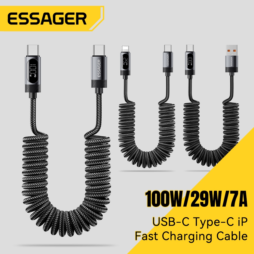 Essager 60W/ 100W /7A จอแสดงผลดิจิตอลฤดูใบไม้ผลิสายชาร์จประเภท C/IP รถสายชาร์จข้อมูล