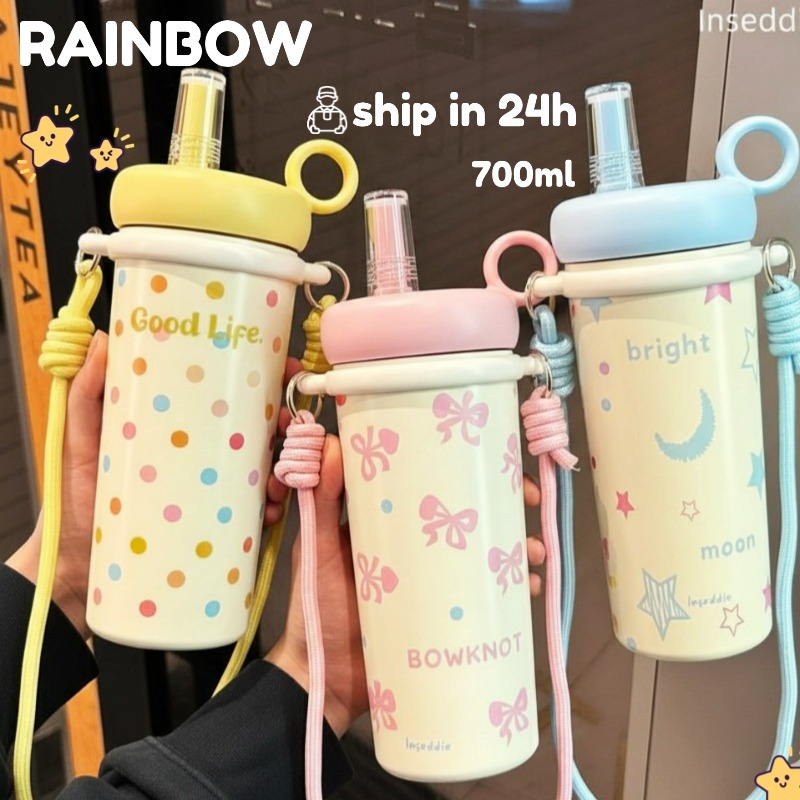 RAINBOW CUP แก้วน้ํา แก้วกาแฟ แก้วสแตนเลส กันตกและมีสายรัดพกพา สีฟ้า/สีชมพู/สีเหลือง 700ml