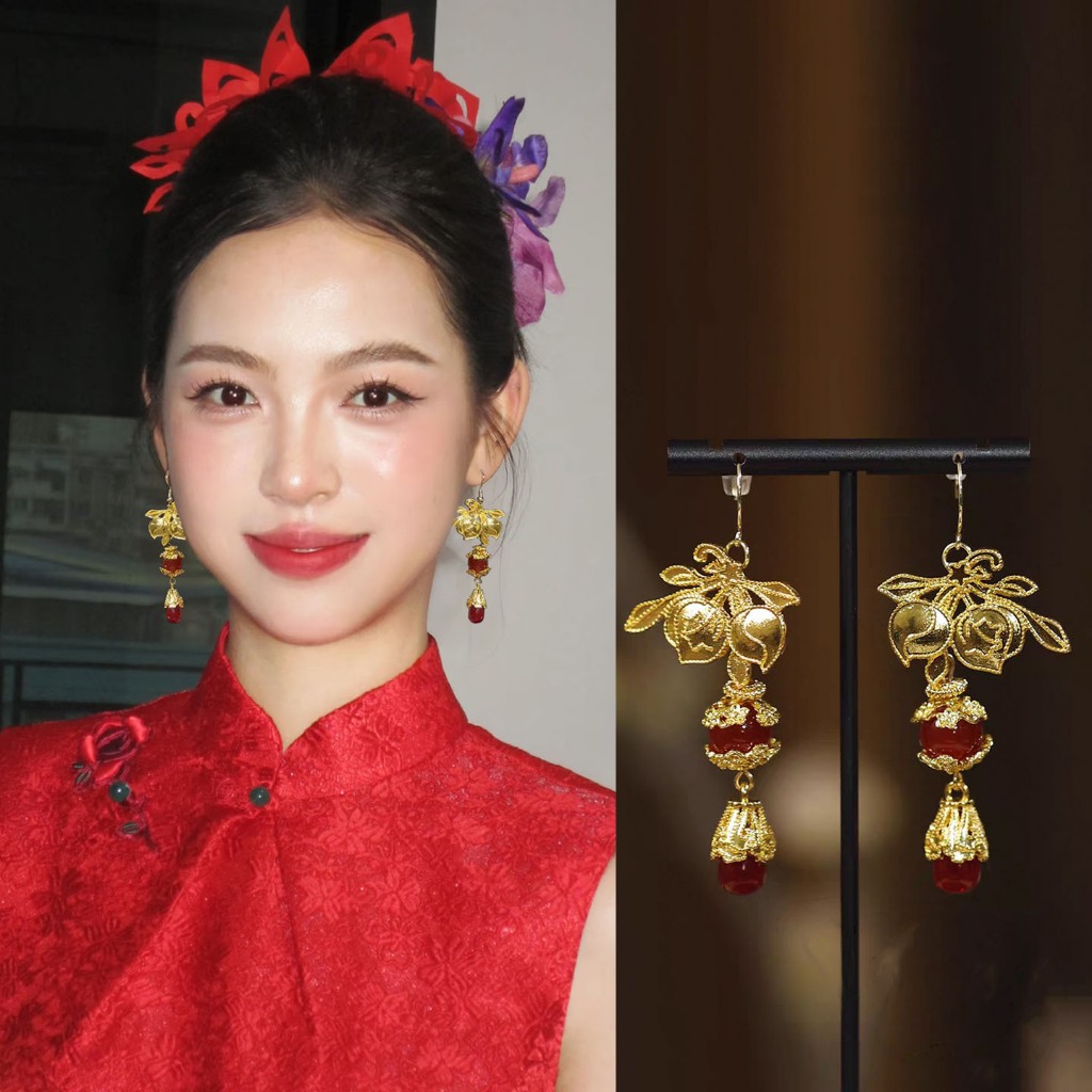ต่างหูVintageGoldPeachRedAgateDropสไตล์จีนสำหรับผู้หญิงStatement