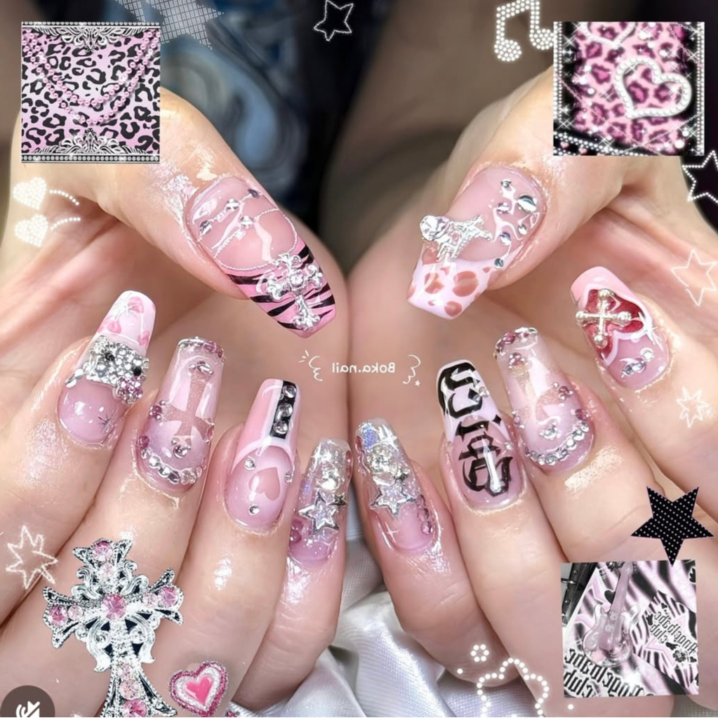 Pink Leopard Print Gradient Wear Nails y2k Hand-Painted French Contrast Color Sweet ins Nails Patch