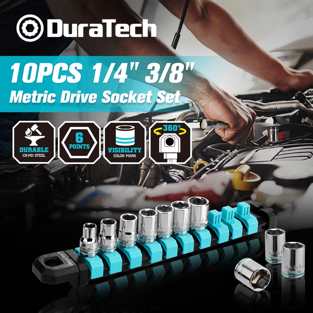 DuraTech ดูราเทค 10ชิ้น1/4 "3/8" ไดรฟ์ซ็อกเก็ตชุดช่างเมตริกซ็อกเก็ตชุดที่มีชั้นเก็บ6จุดตื้นซ็อกเก็ตชุด