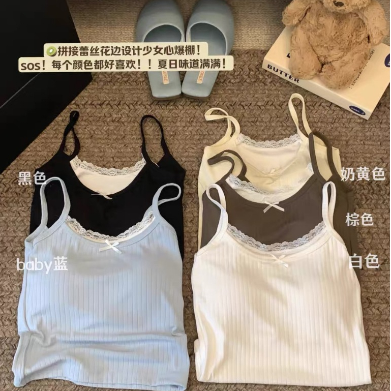 【WJZ】เสื้อกล้ามลูกไม้เซ็กซี่สไตล์เกาหลีสำหรับผู้หญิง (มีแผ่นรองบรา)【577】