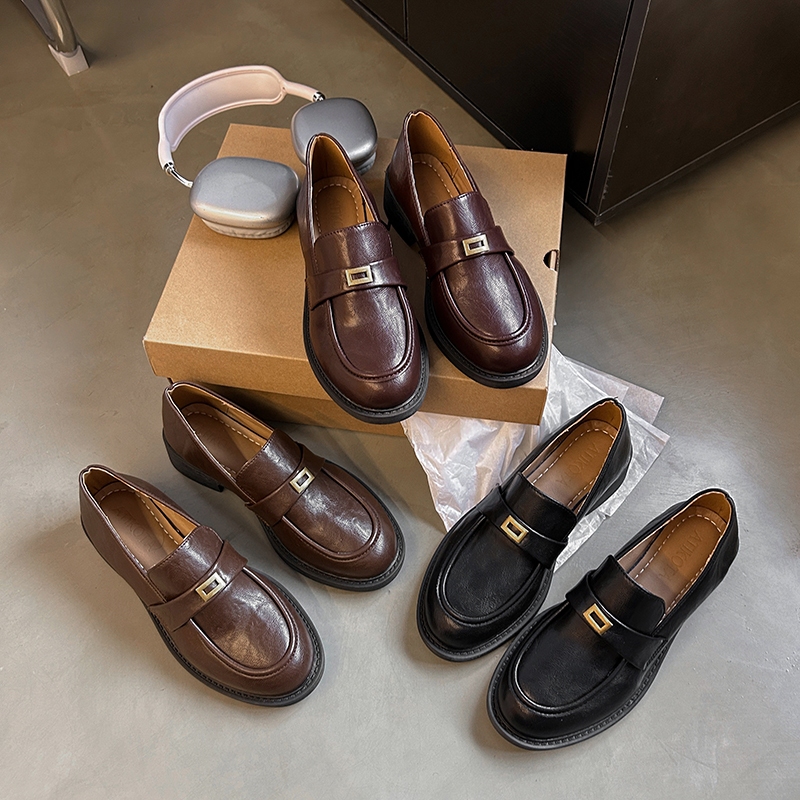 Casual Retro Loafer รองเท้าผู้หญิงหัวเข็มขัดโลหะส้นก้อนสบายอเนกประสงค์กันลื่น