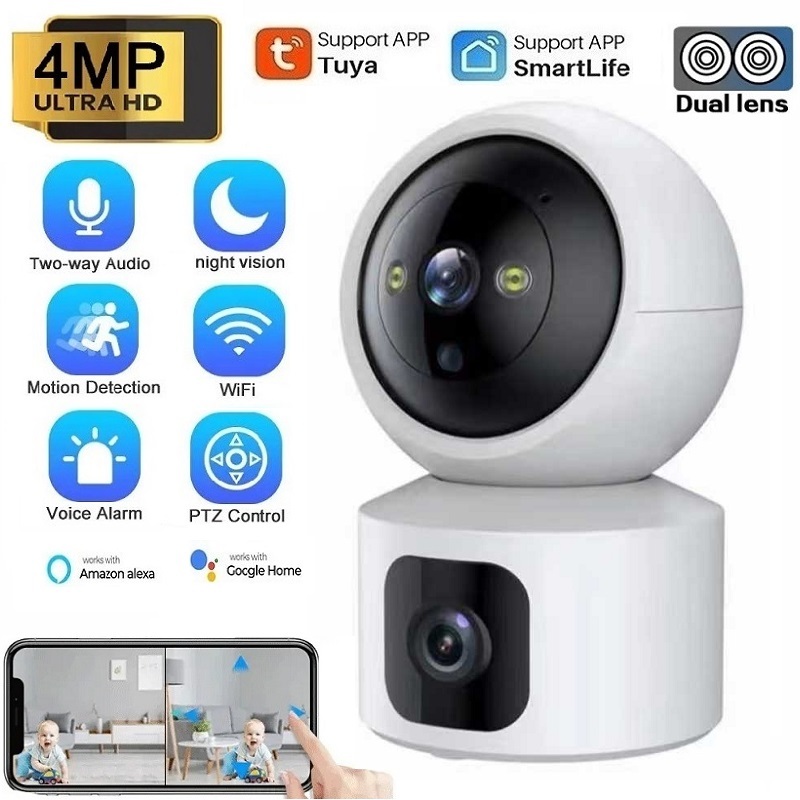 Tuya สมาร์ท 4MP HD กล้องวงจรปิด WiFi ในร่มเลนส์คู่หน้าจอคู่สี Night Vision กล้อง PTZ การติดตามอัตโนมัติการเฝ้าระวังวิดีโอ
