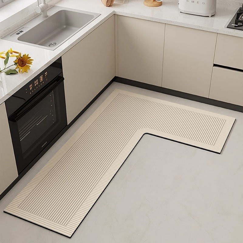 พรมห้องครัว วัสดุโคลนไดอะตอม พรมเช็ดเท้าลายทางรูปตัวแอลสไตล์โมเดิร์น ขนาด 80*120*45 cm และ 100*120*45 cm เป็นมิตรกับสิ่งแวดล้อม มีสุขภาพดี และไม่มีกลิ่น ทนต่อคราบน้ำมัน ดูดซับได้สูง และทำความสะอาดง่าย พรมกันลื่น พรมเช็ดเท้ากันลื่น พรมปูพื้นห้องครัว