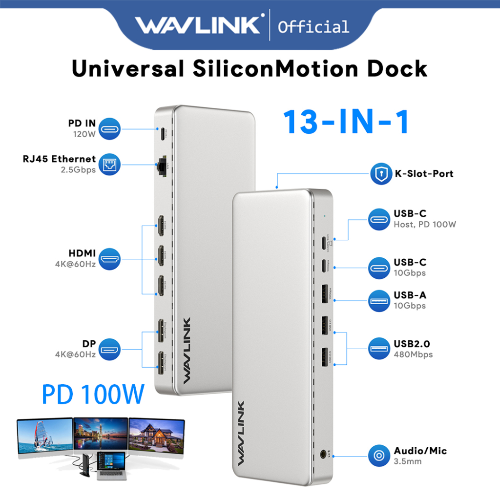 WAVLINK Universal Triple 4K@60Hz Display Dock พร้อมชิป SM770, อะแดปเตอร์ USB-C/USB-A เป็น HDMI/Port 