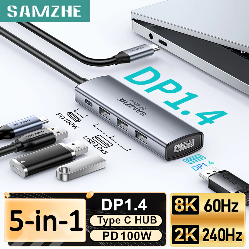 SAMZHE USB C ถึง DP Hub อะแดปเตอร์ 8K60Hz 5-in-1 Docking Station PD100W สําหรับ iPhone 15 Macbook Pro iPad รองรับ Thunderbolt 3/4 ประเภท C ถึง 8K Displayport 1.4 32.4Gbps