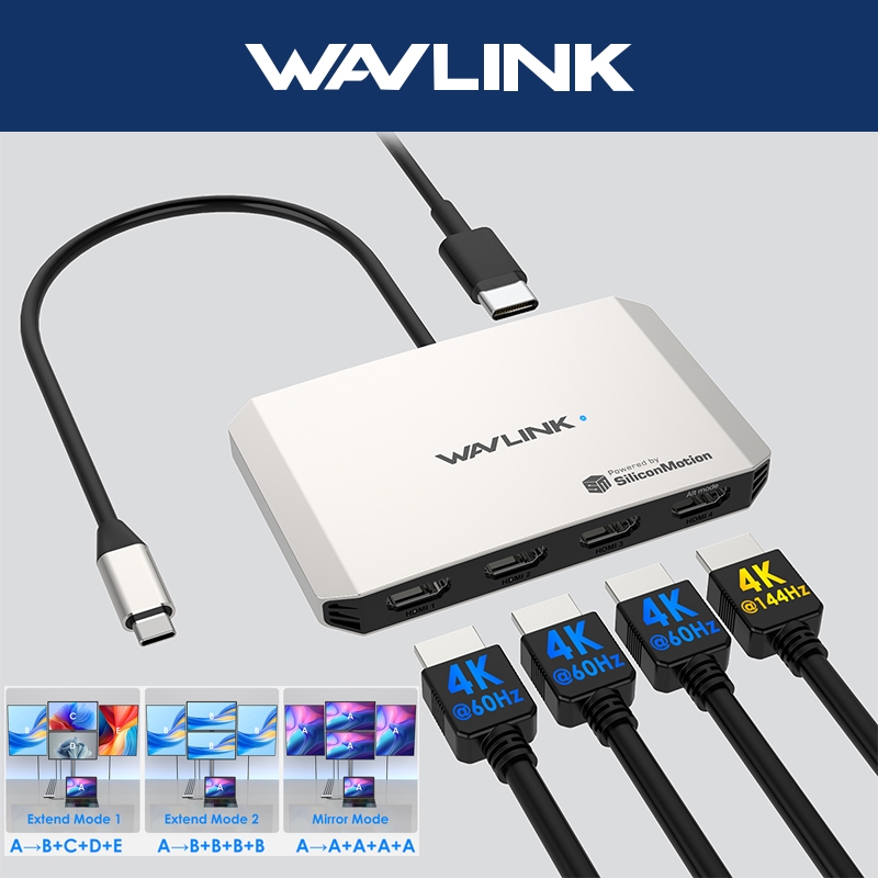 WAVLINK อะแดปเตอร์ USB C เป็น HDMI พร้อมตัวแปลง HDMI 130W PD 5 In 1 Type C Quad สําหรับ Windows, macOS, Chrome OS, Linux, Harmony และ Android