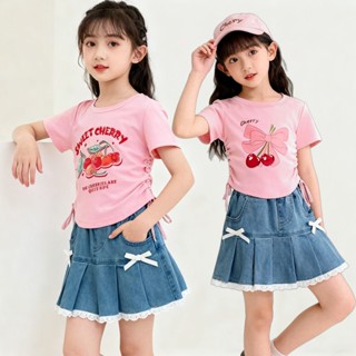 เสื้อยืดน้องสาวสีชมพูแขนสั้นผ้าฝ้ายแท้ ลายเชอร์รี่โบว์ และเช…