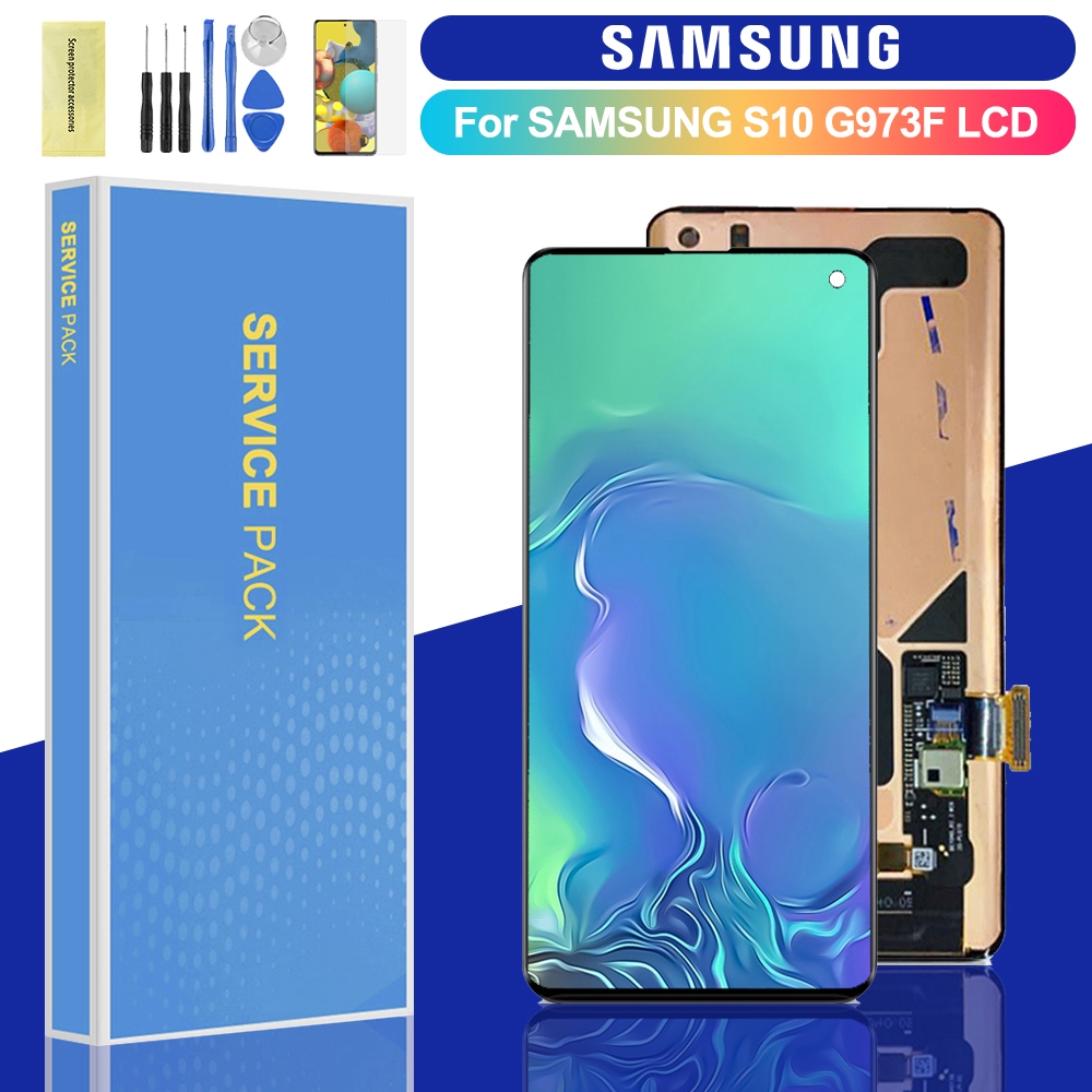 AMOLED สําหรับ Samsung Galaxy S10 S10+ SM-G975F, SM-G975U, SM-G975W LCD กรอบจอแสดงผลดิจิตอลหน้าจอสัม