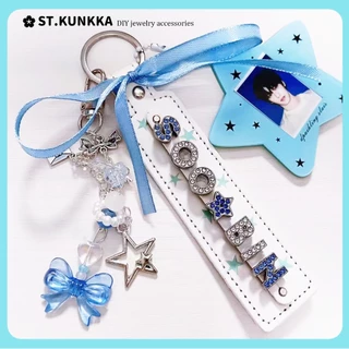 St.kunkka PU พวงกุญแจ พวงกุญแจหนัง Rhinestone สีเงินเงา จี้กุญแจป้องกันการสูญหายที่กำหนดเอง
