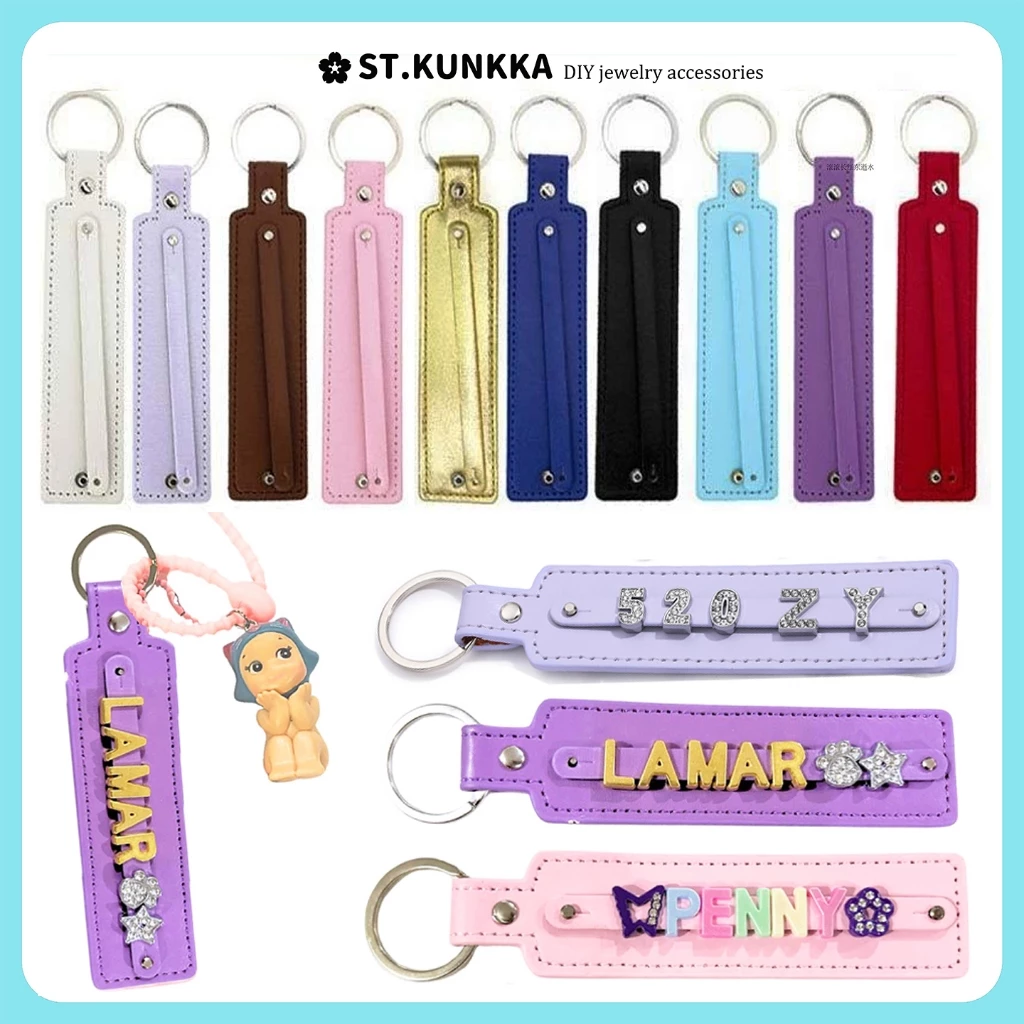 St.kunkka PU พวงกุญแจ พวงกุญแจหนัง Rhinestone สีเงินเงา จี้กุญแจป้องกันการสูญหายที่กำหนดเอง