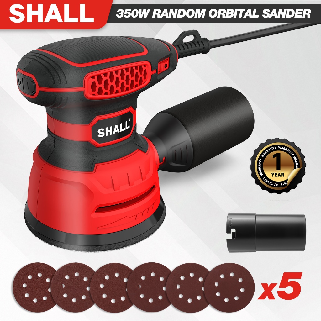 SHALL 350W เครื่องขัดกระดาษทรายกลม 5 นิ้วไฟฟ้าความเร็วตัวแปรสุ่ม Orbital Sander เครื่องขัดชุดเก็บฝุ่นและกระเป๋าถือแบบนุ่ม สำหรับงานไม้ สำหรับช่าง สำหรับ DIY เครื่องขัดไม้