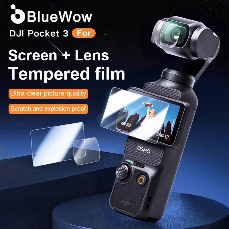 BlueWow HD ฟิล์มกระจกสําหรับ DJI Osmo Pocket 3 กระจกนิรภัยด้านหน้าด้านหลังเลนส์ป้องกันหน้าจอเลนส์ป้องกันฟิล์ม
